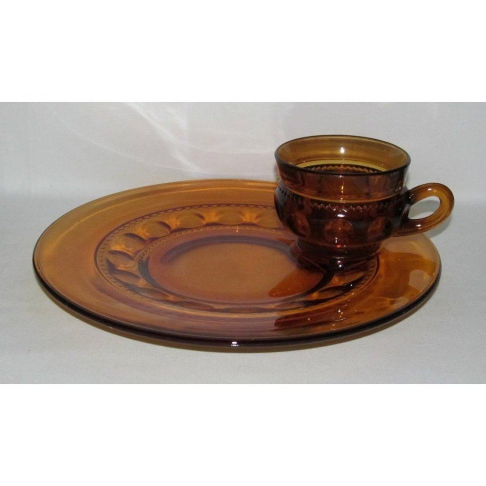Indiana Glass KINGS CROWN Amber 2-Piece Round Snack Set